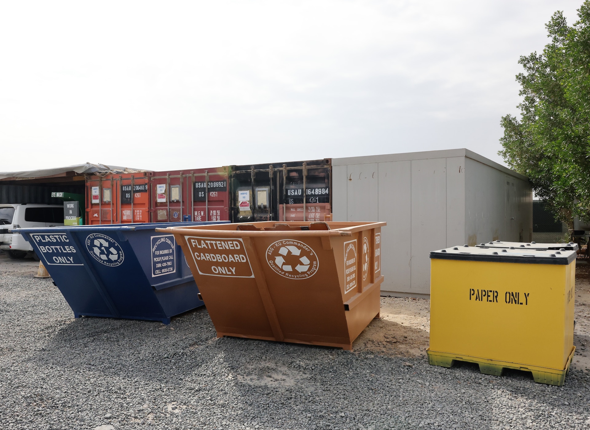 The three recycling bins - plastic, cardboard, paper - that are part of the Commander's Qualified Recycling Program and are a common sight around both Buehring and Arifjan, Kuwait, November 30, 2022.