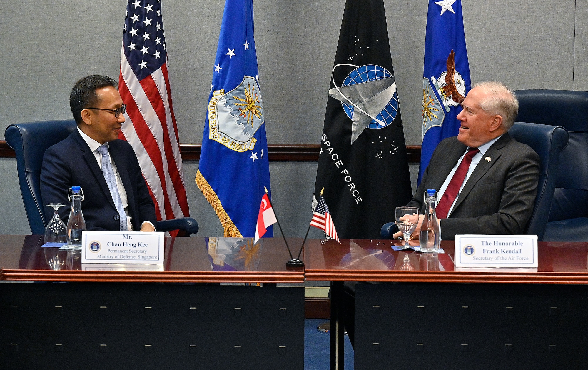 Secretary of the Air Force Frank Kendall meets with the Secretary of the Singapore Ministry of Defense Chan Heng Kee.