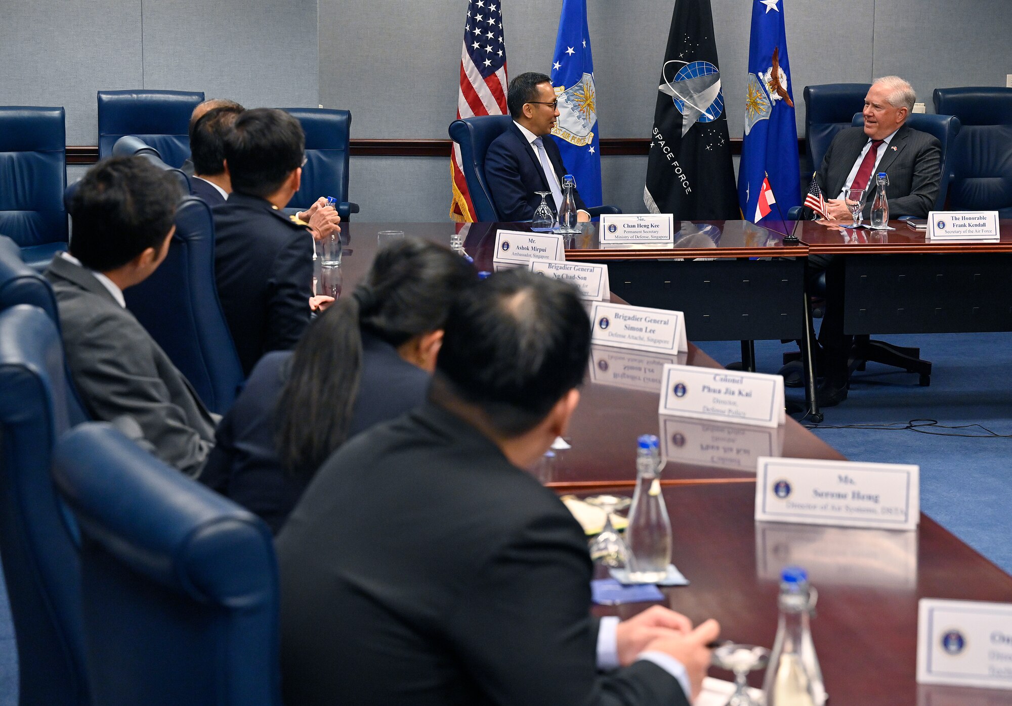 Secretary of the Air Force Frank Kendall meets with the Secretary of the Singapore Ministry of Defense Chan Heng Kee