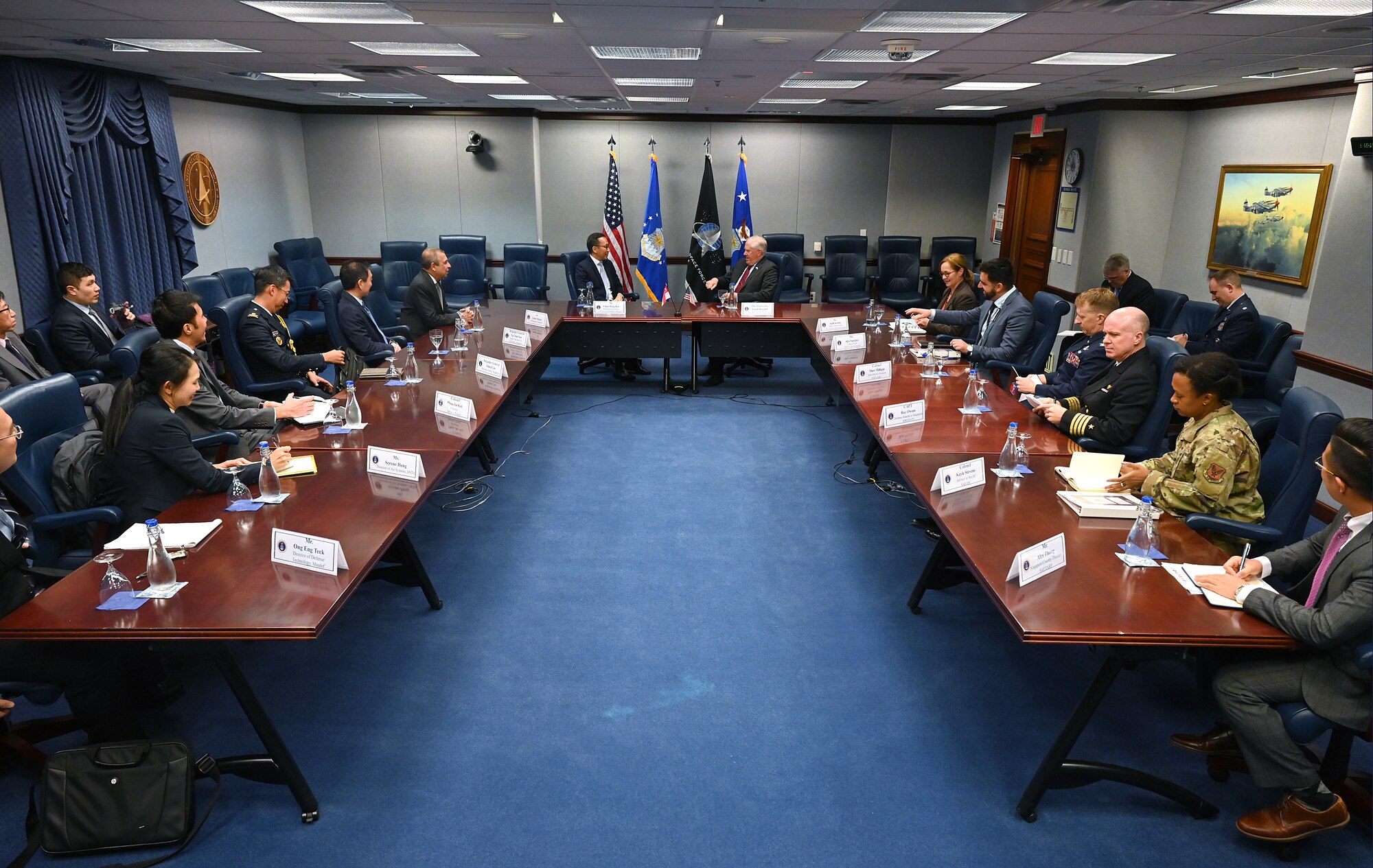 Secretary of the Air Force Frank Kendall meets with the Secretary of the Singapore Ministry of Defense Chan Heng Kee