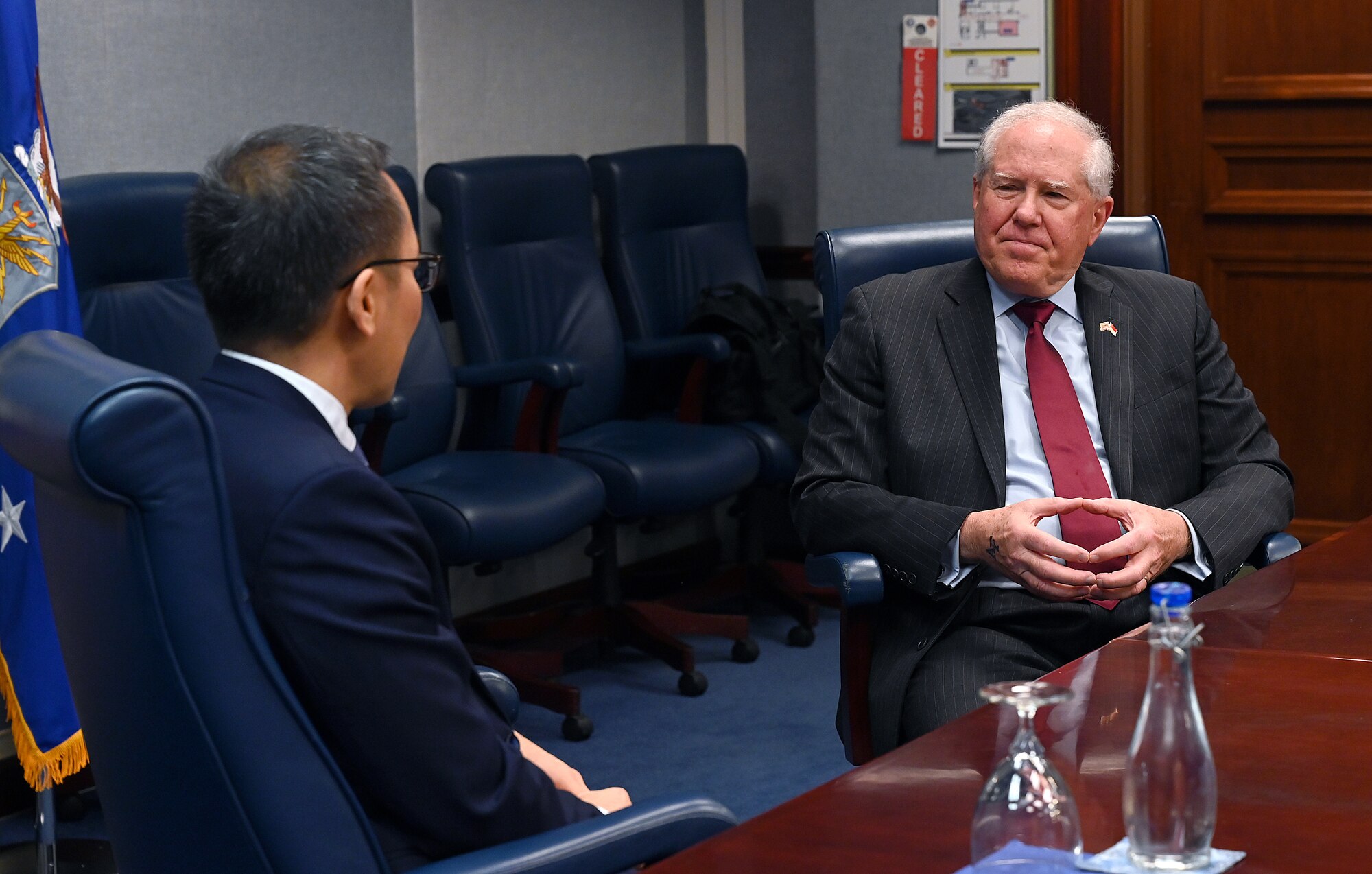 Secretary of the Air Force Frank Kendall meets with the Secretary of the Singapore Ministry of Defense Chan Heng Kee.