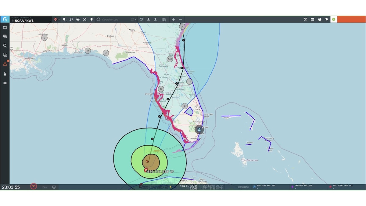 As Hurricane Ian approaches the southeast United States, Sept. 23, 2022, the National Weather Service provides path updates with potential trajectories. Grey circles highlight assets identified by Guardian, a software application customized by the Air Force Research Laboratory that facilitated disaster response efforts with real-time command and control situational awareness. (U.S. Air Force graphic / Todd Waskiewicz)