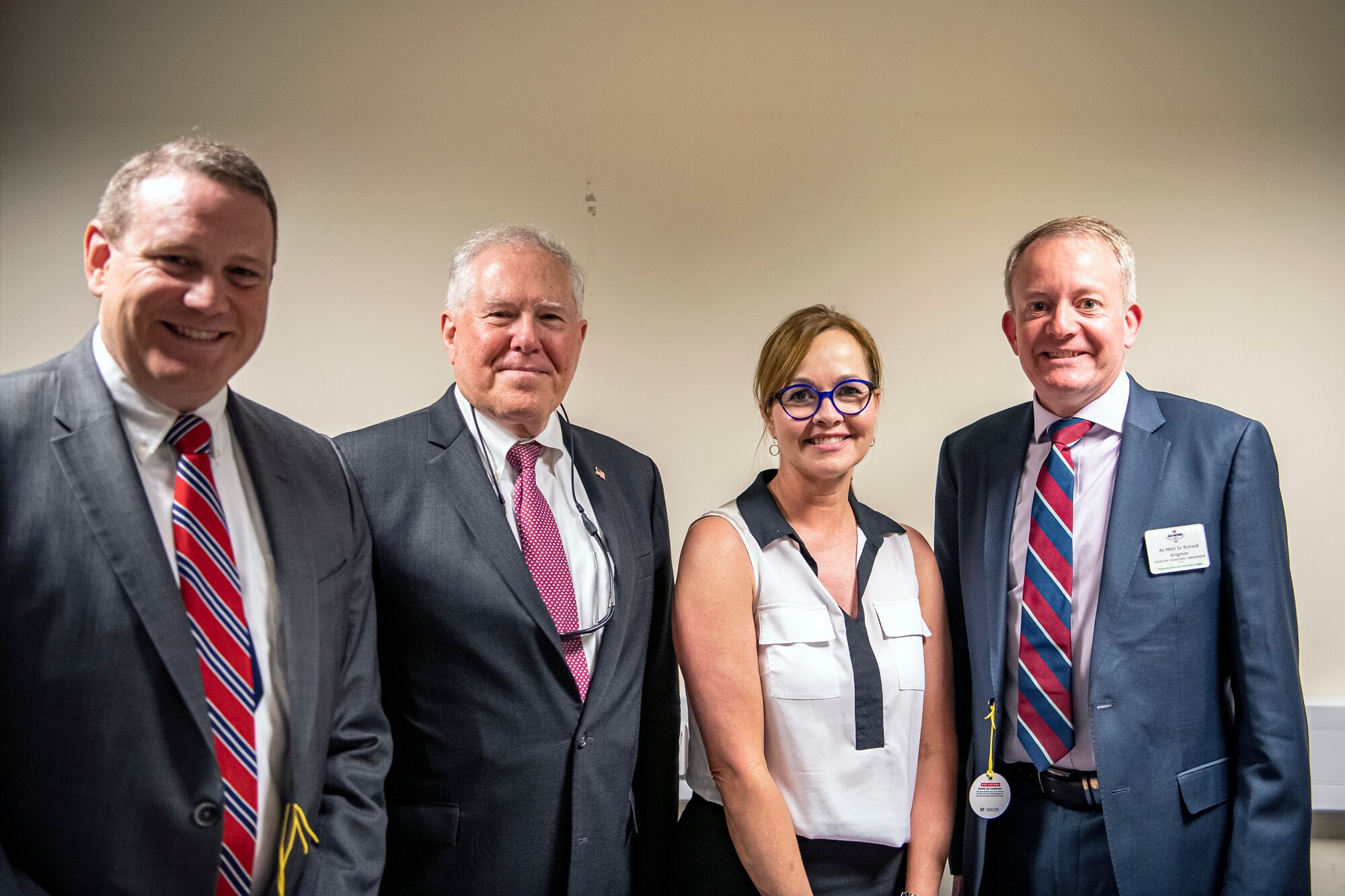 Andrew Hunter, left, Assistant Secretary of the Air Force for Acquisition, Technology and Logistics, Secretary of the Air Force Frank Kendall, center left, Kelli Seybolt, center right, Deputy Under Secretary of the Air Force, International Affairs, and Air Marshal Richard Knighton, UK Ministry of Defence Deputy Chief of Defence Staff, pose