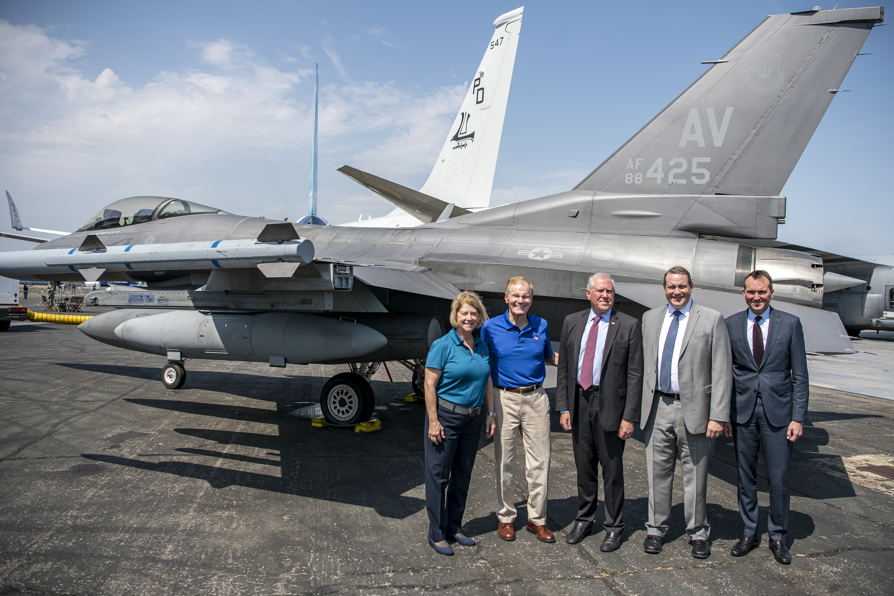 Secretary of the Air Force Frank Kendall, center, poses for a photo along with Bill Nelson, center left, NASA administrator, and other attendees at the Farnborough International Airshow, England, July 18, 2022. Kendall attended the airshow to meet with air and space defense officials from other nations and demonstrate the Department of the Air Force’s commitment to its allies and partners. (U.S. Air Force photo by Staff Sgt. Eugene Oliver)