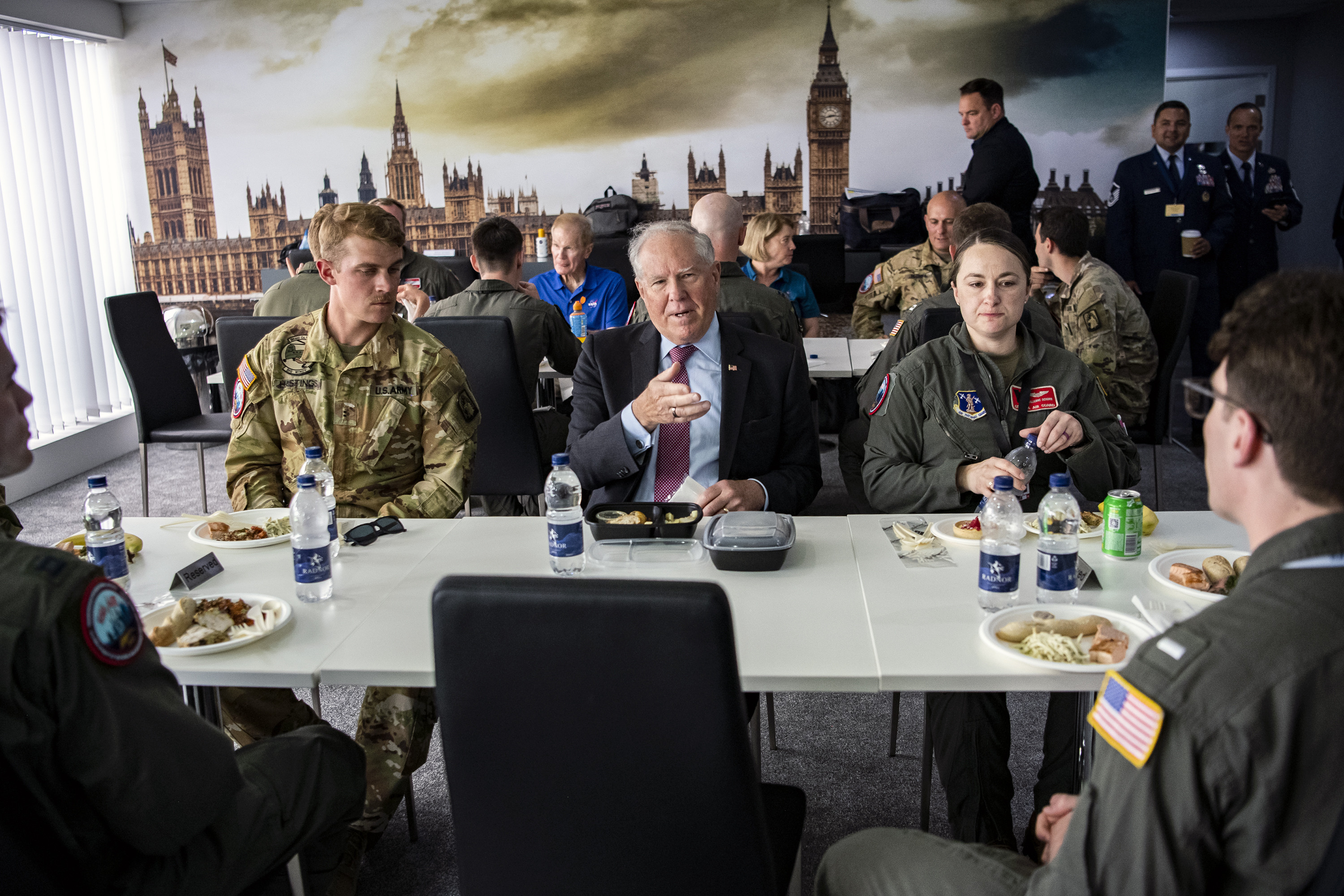Secretary of the Air Force Frank Kendall meets with servicemembers during the Farnborough International Airshow, England, July 18, 2022. Kendall attended the airshow to meet with air and space defense officials from other nations and demonstrate the Department of the Air Force’s commitment to its allies and partners. (U.S. Air Force photo by Staff Sgt. Eugene Oliver)