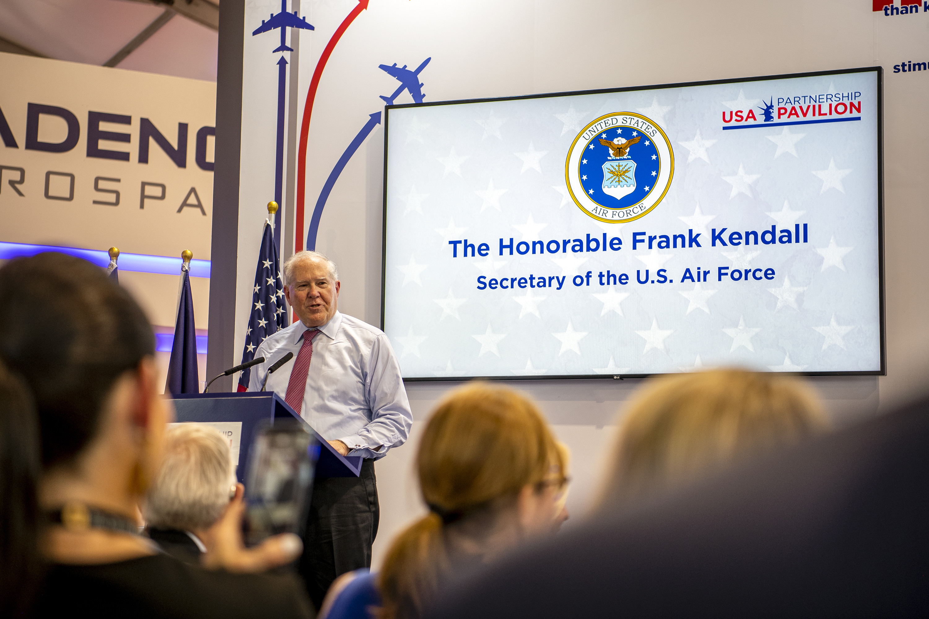 Secretary of the Air Force Frank Kendall speaks during the opening reception of the USA Partnership Pavilion during the Farnborough International Airshow, England, July 18, 2022. Kendall attended the airshow to meet with air and space defense officials from other nations and demonstrate the Department of the Air Force’s commitment to its allies and partners. (U.S. Air Force photo by Staff Sgt. Eugene Oliver)