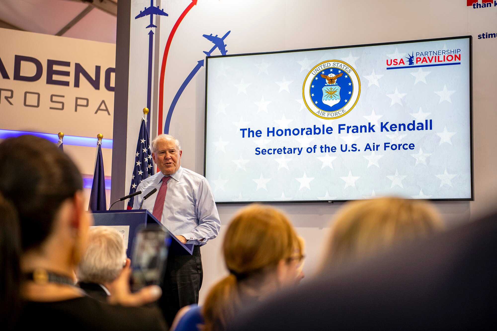 Secretary of the Air Force Frank Kendall speaks during the opening reception of the USA Partnership Pavilion during the Farnborough International Airshow.