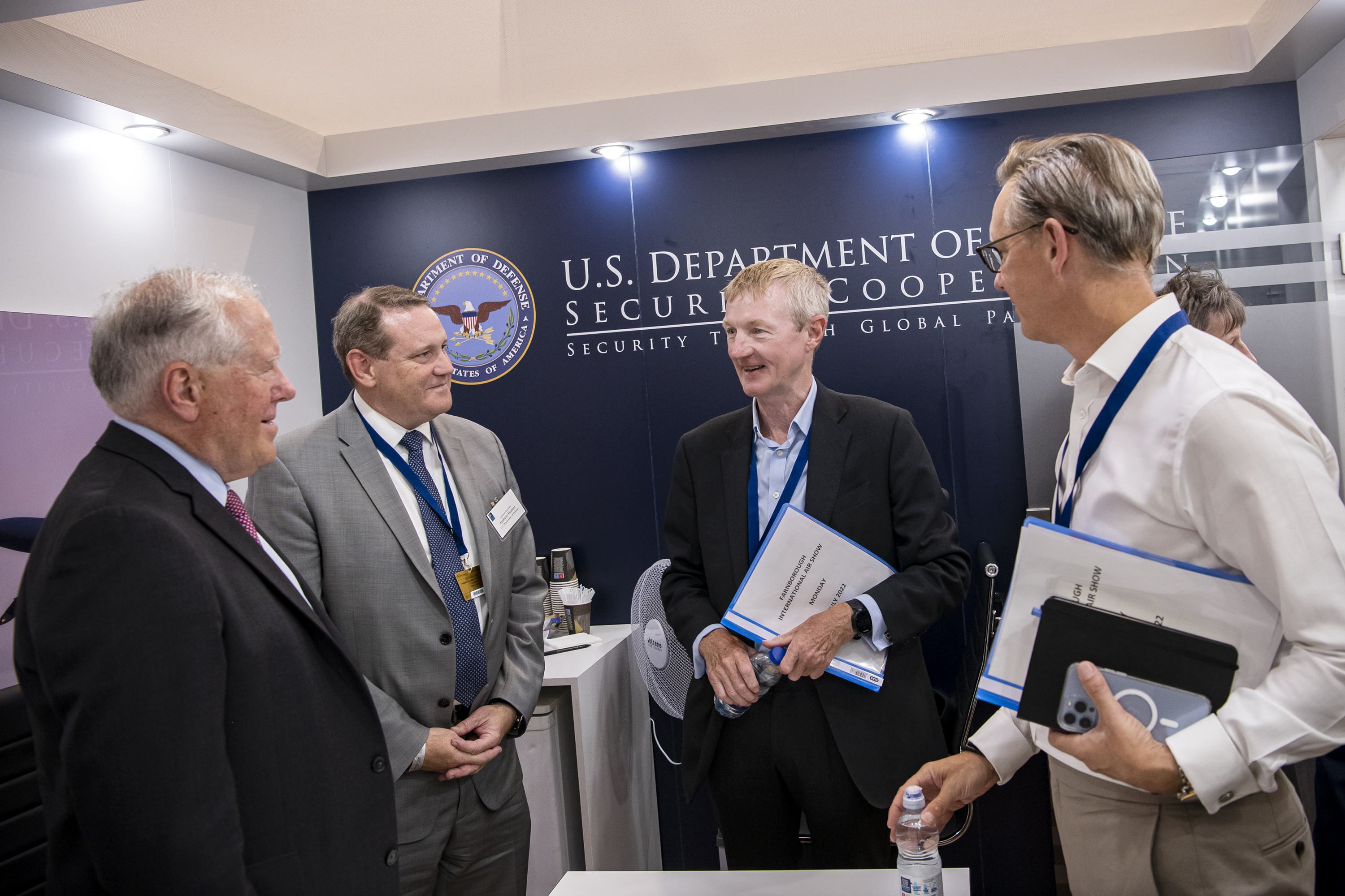 Secretary of the Air Force Frank Kendall, left, speaks with Sir Simon Bollom, Chief Executive of Defence Equipment and Support, UK Ministry of Defence, during the Farnborough International Airshow, England, July 18, 2022. Kendall attended the airshow to meet with air and space defense officials from other nations and demonstrate the Department of the Air Force’s commitment to its allies and partners. (U.S. Air Force photo by Staff Sgt. Eugene Oliver)