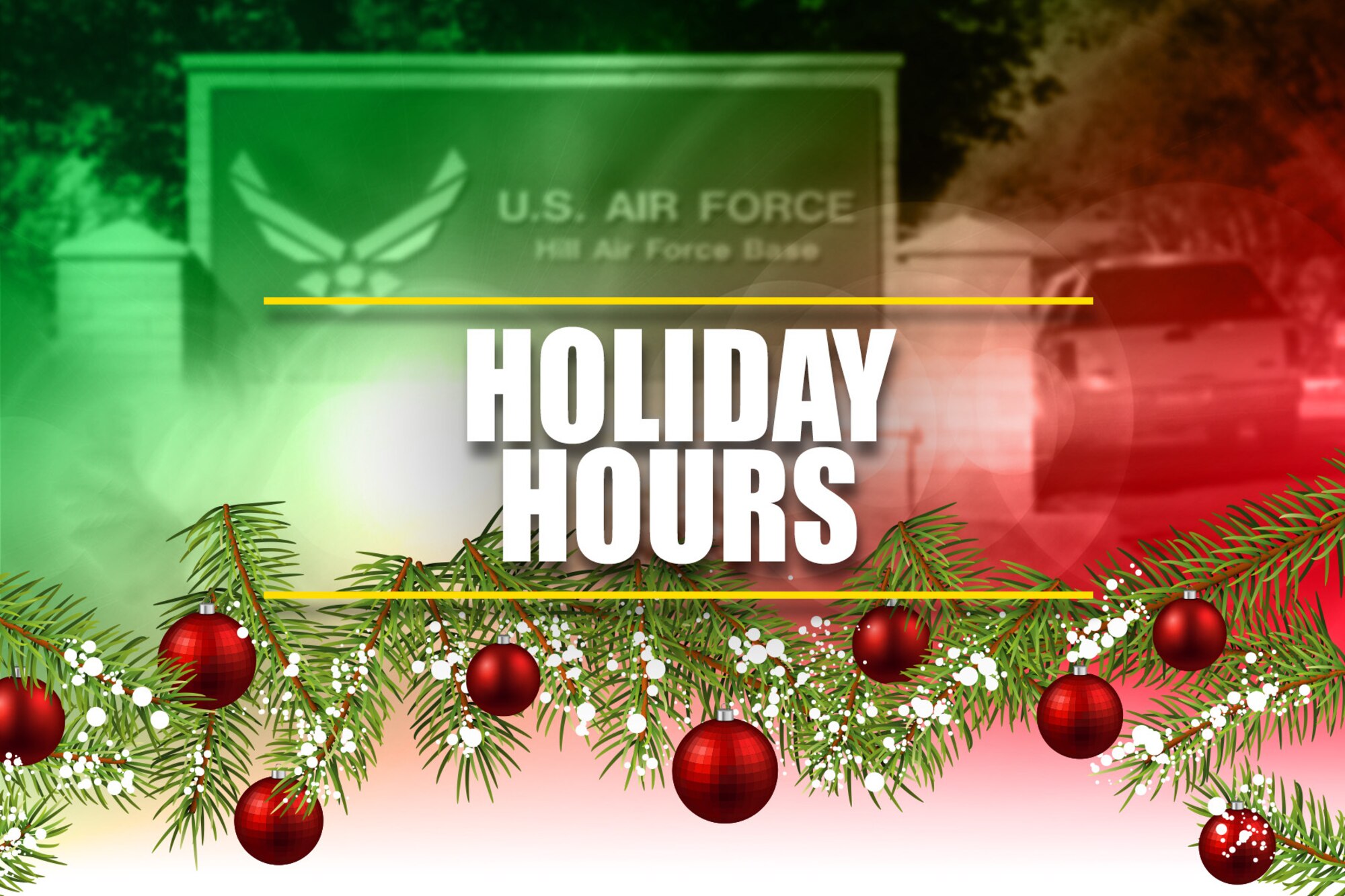 Air force symbol with pine bows and red ornaments hanging