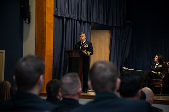 NEWPORT, R.I. (Dec. 8, 2022) Capt. Brian Mutty, commanding officer, Surface Warfare Schools Command (SWSC), delivers a speech during the Department Head Class 269 graduation ceremony at SWSC on Naval Station Newport, Dec. 8, 2022. The SWSC Department Head Course is the cornerstone of a surface warfare officer's (SWO) tactical education in their naval career. Upon the conclusion of the graduation ceremony, Department Head Class 269 will take the knowledge back to the fleet, where they will teach the next generation of SWOs. These career naval professionals are part of a long tradition of 60 years of excellence at SWSC, previously known as Surface Warfare Officers School Command. (U.S. Navy photo by Mass Communication Specialist 2nd Class Derien C. Luce)