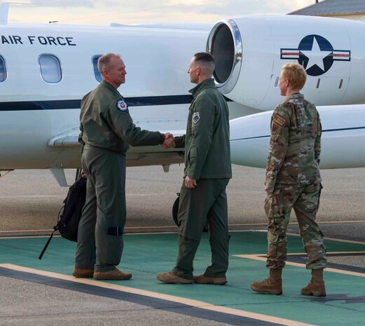 U.S. Air Force Gen. Mark Kelly, commander of Air Combat Command, meets with Col. Geoffrey Church, 9th Reconnaissance Wing Commander, during a visit to Beale Air Force Base, Calif. on Dec. 5, 2022.