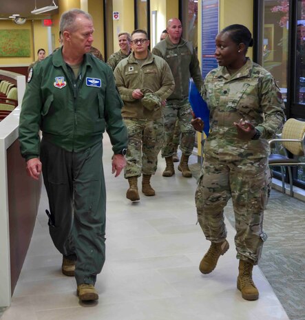 U.S. Air Force Lt. Col. Shanita Webb, 9th Medical Operations Squadron commander, gives Gen. Mark Kelly, commander of Air Combat Command, a tour of the 9th Medical Group clinic at Beale Air Force Base, Calif. on Dec. 6, 2022.