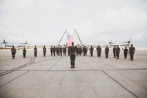 U.S. Marines with the Marine Corps Forces, Pacific Band perform during a change of command ceremony for Marine Medium Tiltrotor Squadron 268, Marine Aircraft Group 24,  Marine Aircraft Group 24, aboard Marine Corps Air Station Kaneohe Bay, Marine Corps Base Hawaii, Dec. 8, 2022. Lt. Col. Vanessa Clark relinquished command of VMM-268 to Lt. Col. Brandon Pope. (U.S. Marine Corps photo by Cpl. Brandon Aultman)