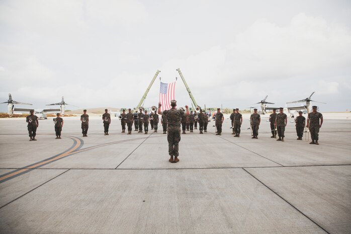 U.S. Marines with the Marine Corps Forces, Pacific Band perform during a change of command ceremony for Marine Medium Tiltrotor Squadron 268, Marine Aircraft Group 24,  Marine Aircraft Group 24, aboard Marine Corps Air Station Kaneohe Bay, Marine Corps Base Hawaii, Dec. 8, 2022. Lt. Col. Vanessa Clark relinquished command of VMM-268 to Lt. Col. Brandon Pope. (U.S. Marine Corps photo by Cpl. Brandon Aultman)