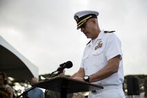 U.S. Navy Cmdr. Edward M. Gorman, base chaplain, Marine Corps Base Hawaii, provides the invocation during the 2022 Klipper Ceremony, MCBH, Dec. 7, 2022. The Klipper Memorial was dedicated in 1981 to honor the 17 U.S. Navy Sailors and two civilian contractors who died during the attack on Naval Air Station Kaneohe Bay on Dec. 7, 1941. (U.S. Marine Corps photo by Staff Sgt. Jordan E. Gilbert)
