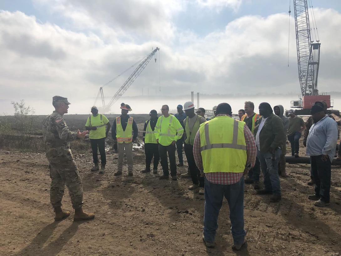 Our Memphis District uses a vintage 1949 barge mounted Bucyrus-Erie dragline with a 183 foot boom and a 15 cubic yard bucket to complete grading operations. Additional earthmoving capacity is provided by a compliment of bulldozers.