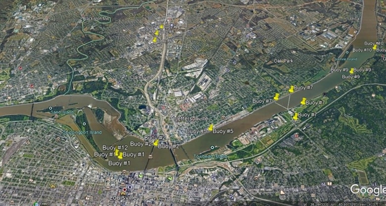 Map shows Ohio River locations of prototypes used for testing the patented Digital Buoy Systems. The systems, methods and concepts are now a government technology, available for commercial licensing to develop and implement in a larger-scale production environment.