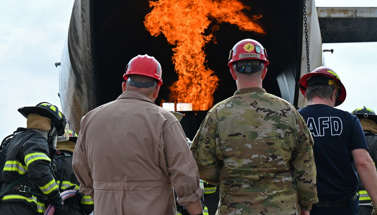 Joint service members assigned to the 312th Training Squadron certify the San Angelo Fire Department in Airport Rescue Fire Fighting at the Louis F. Garland Department of Defense Fire Academy, Goodfellow Air Force Base, Texas, Dec. 8, 2022. The 17th Training Wing has over 54 agreements with San Angelo. (U.S. Air Force photo by Senior Airman Abbey Rieves)