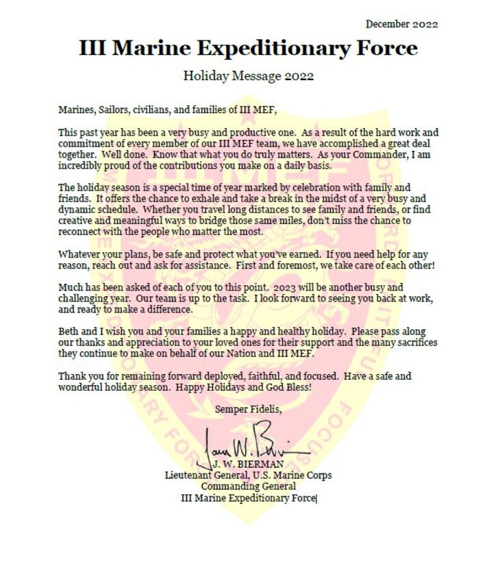 2022 III MEF Holiday Message