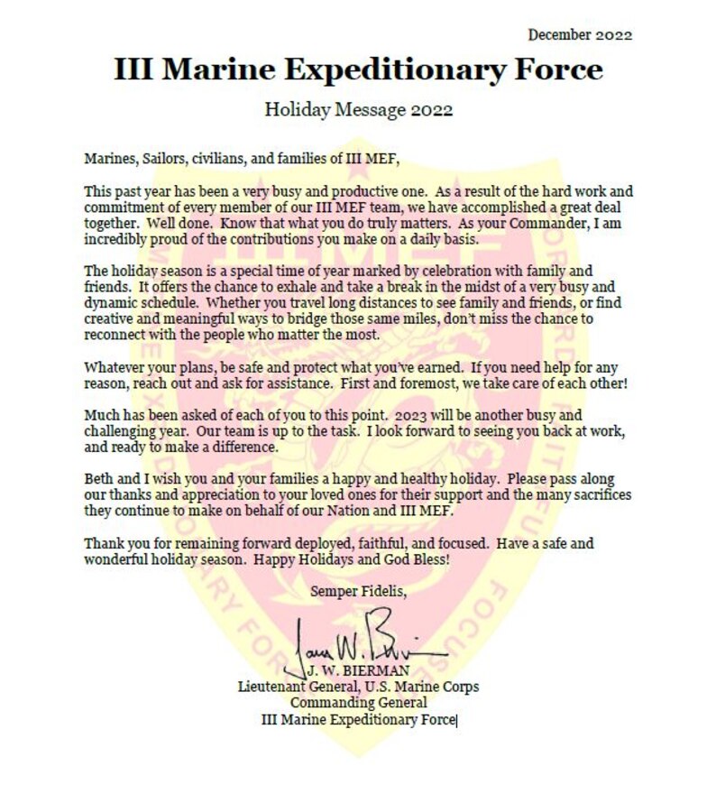 2022 III MEF Holiday Message