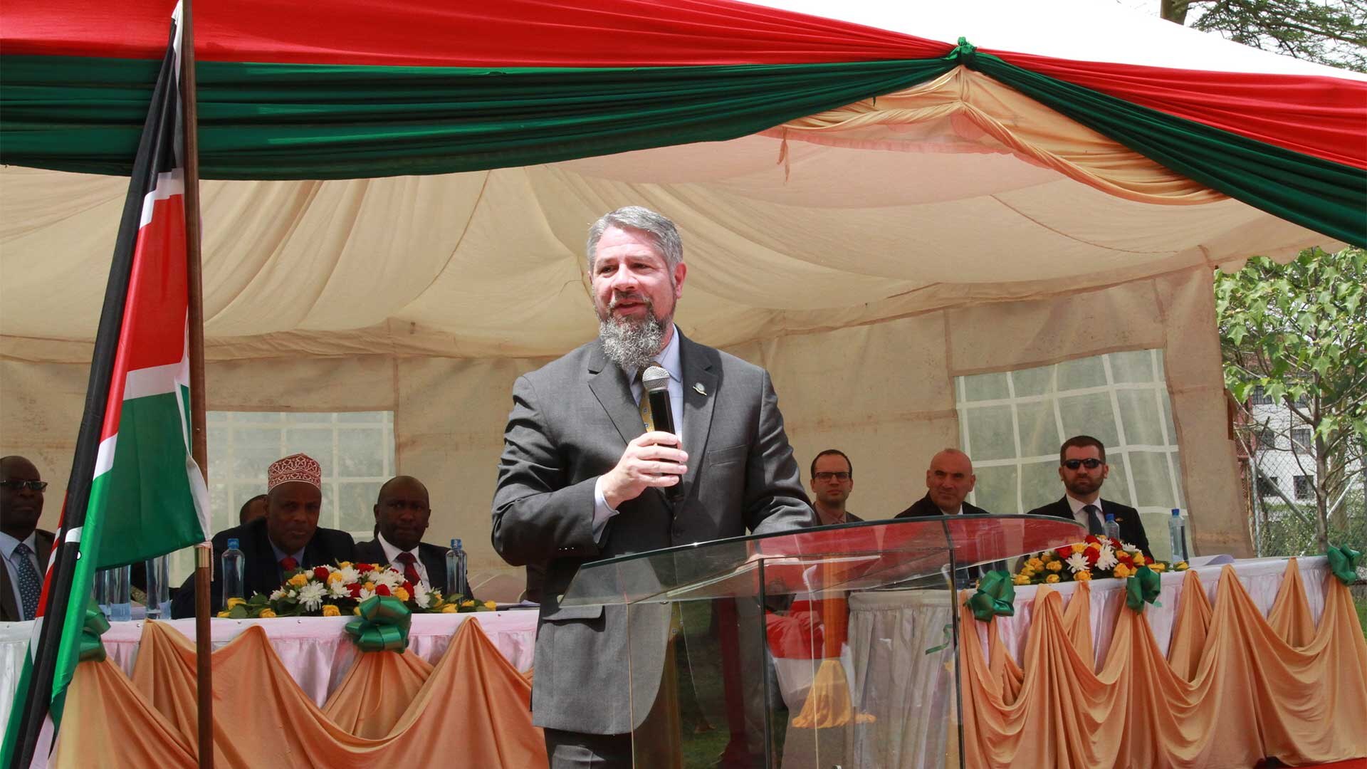 Members of the Defense Threat Reduction Agency (DTRA) recently participated in a ribbon-cutting ceremony at the Kenya Veterinary Vaccine Production Institute (KEVEVAPI) to celebrate the completed upgrades of the Effluent Treatment System (ETS) Dec. 7, in Nairobi, Kenya. (Pictured is Dr. Pope, director of Cooperative Threat Reduction program at DTRA, speaking at the ceremony)