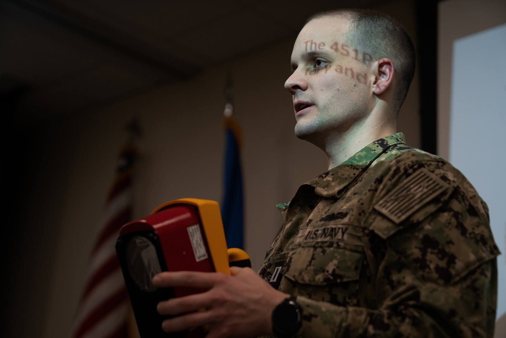 U.S. Navy Lt. Aure Stewart, Medical Effects of Ionizing Radiation Course director assigned to the Armed Forces Radiobiology Research Institute, teaches a lesson on using radiation detection devices at MacDill Air Force Base, Florida, Dec. 7, 2022.