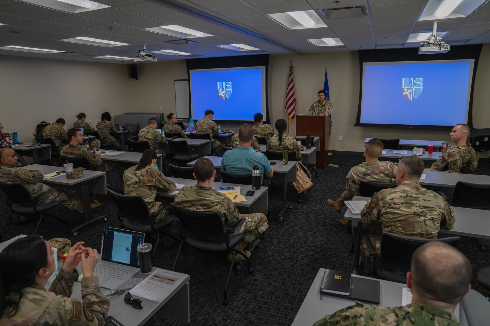U.S. Army Maj. Mostafa Ahmed, Medical Effects of Ionizing Radiation Course instructor assigned to the Armed Forces Radiobiology Research Institute, teaches a lesson during the MEIR Course at MacDill Air Force Base, Florida, Dec. 7, 2022.