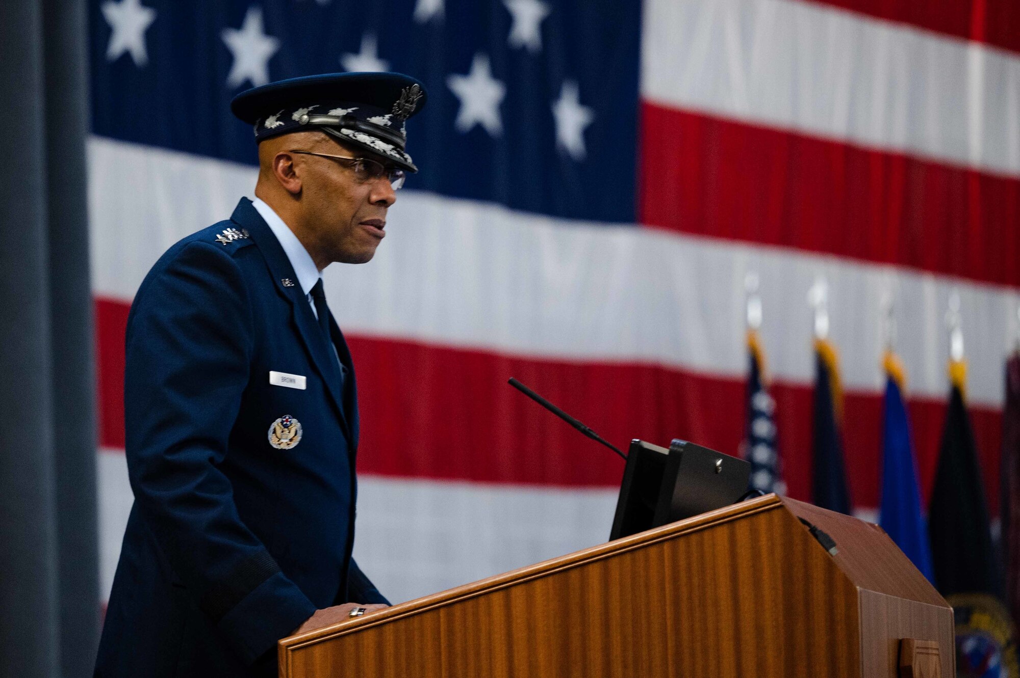 Air Force Chief of Staff Gen. CQ Brown, Jr. makes remarks during the Air Force Global Strike Command assumption of command ceremony at Barksdale Air Force Base, La., Dec. 7, 2022.
