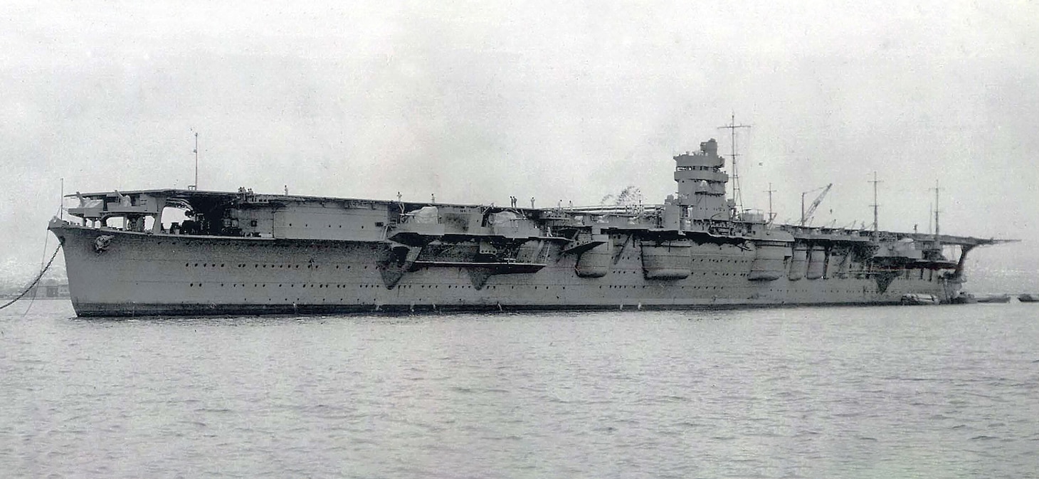 This view of the Hiryu at anchor at the Yokosuka Naval Arsenal on July 5, 1939, shows the new carrier during its commissioning ceremony.