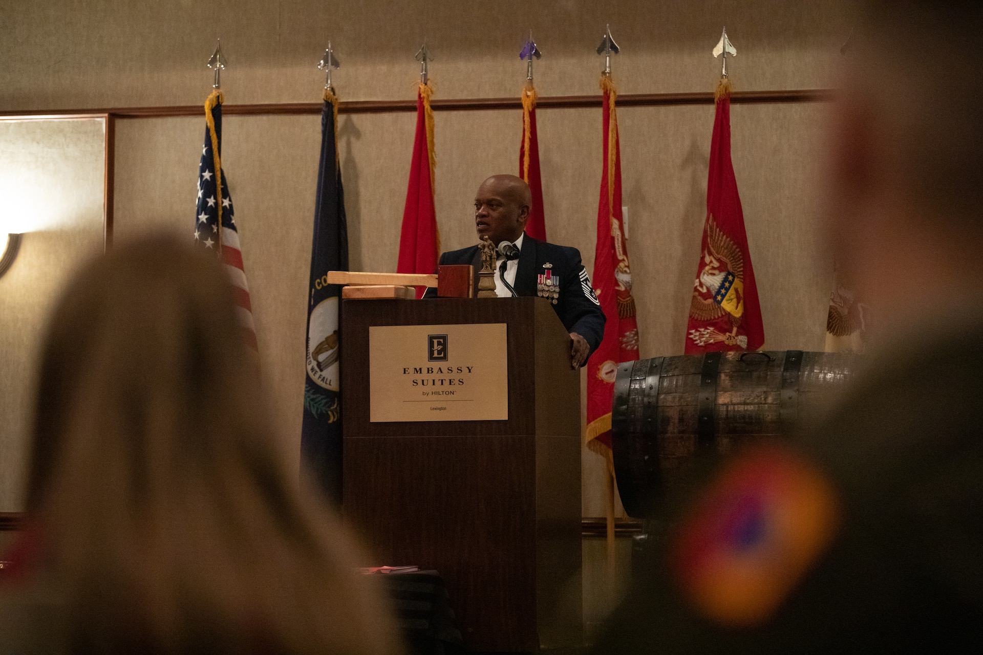 Senior Enlisted Advisor Tony Whitehead speaks to the 138th Field Artillery Brigade, Kentucky National Guard, at their annual brigade ball in Lexington, Ky. on Dec. 3, 2022. Whitehead is the guest speaker at the ball and will be inducted into the Order of St. Barbara as recognition to his 40 years of service. (U.S. Army photo by Staff Sgt. Andrew Dickson)