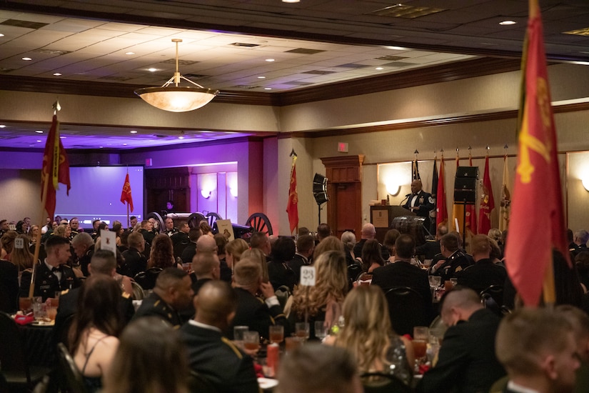 Senior Enlisted Advisor Tony Whitehead speaks to the 138th Field Artillery Brigade, Kentucky National Guard, at their annual brigade ball in Lexington, Ky. on Dec. 3, 2022. Whitehead is the guest speaker at the ball and will be inducted into the Order of St. Barbara as recognition to his 40 years of service. (U.S. Army photo by Staff Sgt. Andrew Dickson)