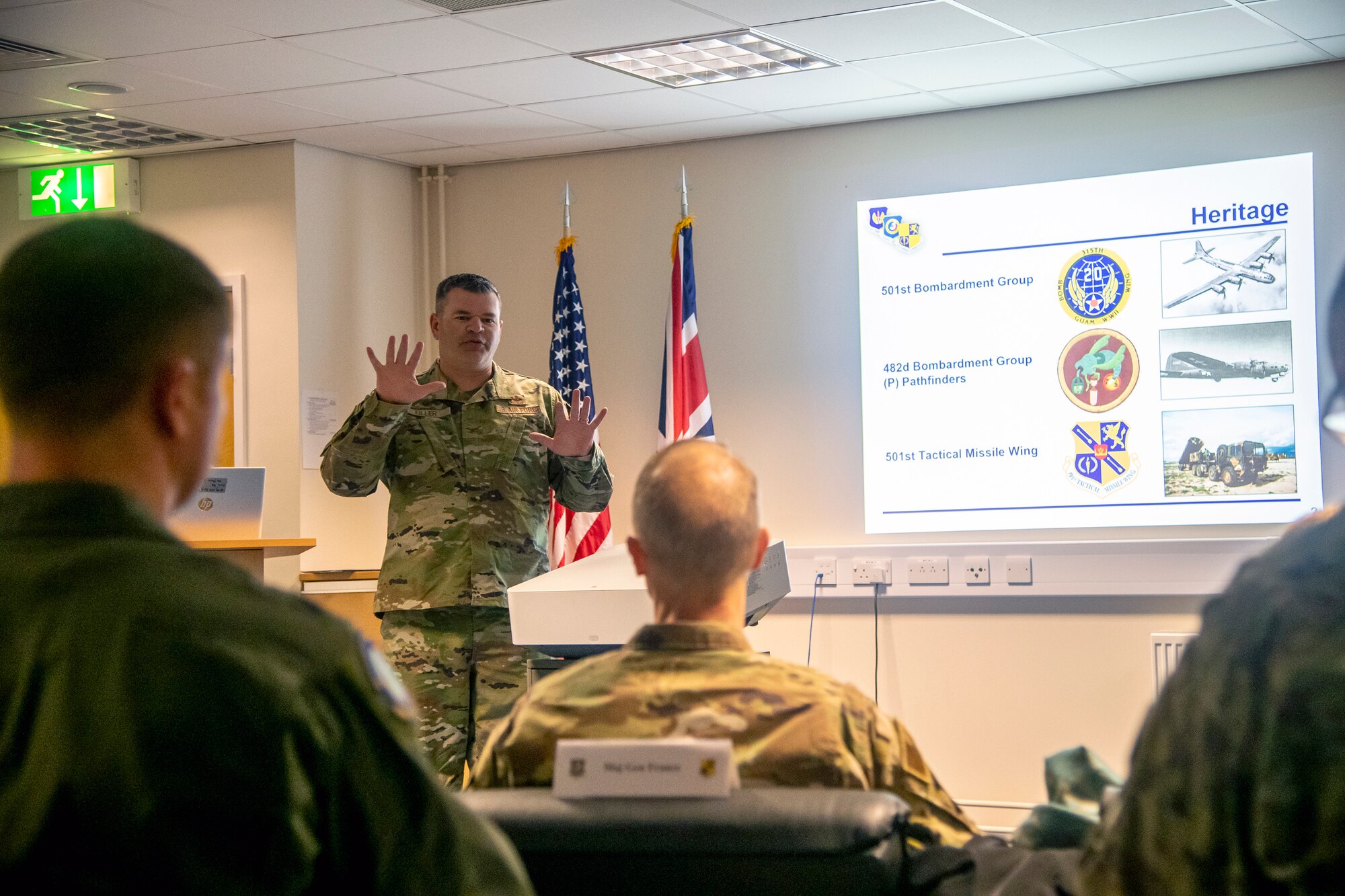 U.S. Air Force Col. Brain Filler, left, 501st Combat Support Wing commander, briefs U.S. Air Force Maj. Gen. Derek France, Third Air Force commander, at RAF Fairford