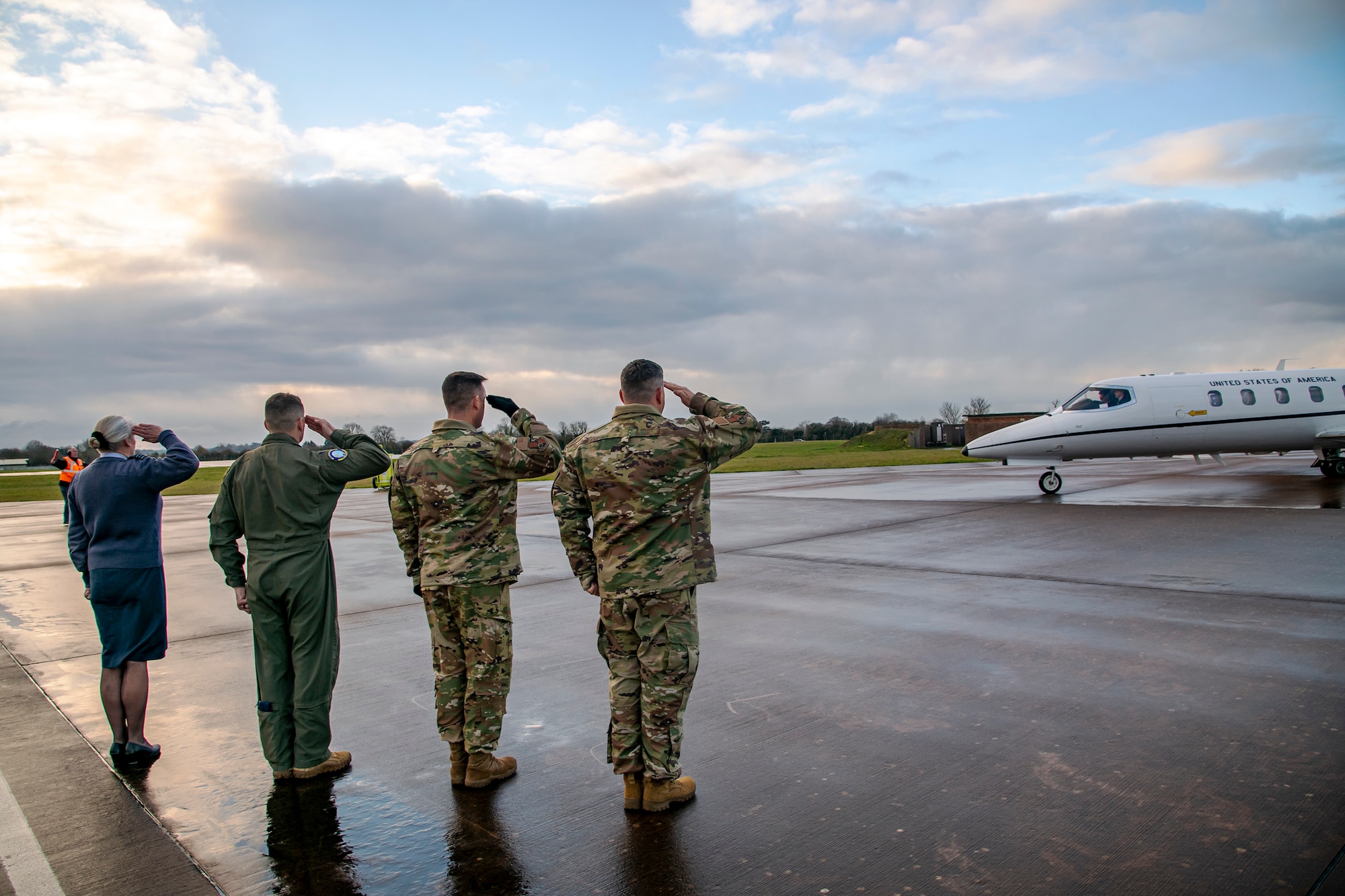 Leadership from the 501st Combat Support Wing and Royal Air Force salute U.S. Air Force Maj. Gen. Derek France, Third Air Force commander, as he arrives at RAF Fairford