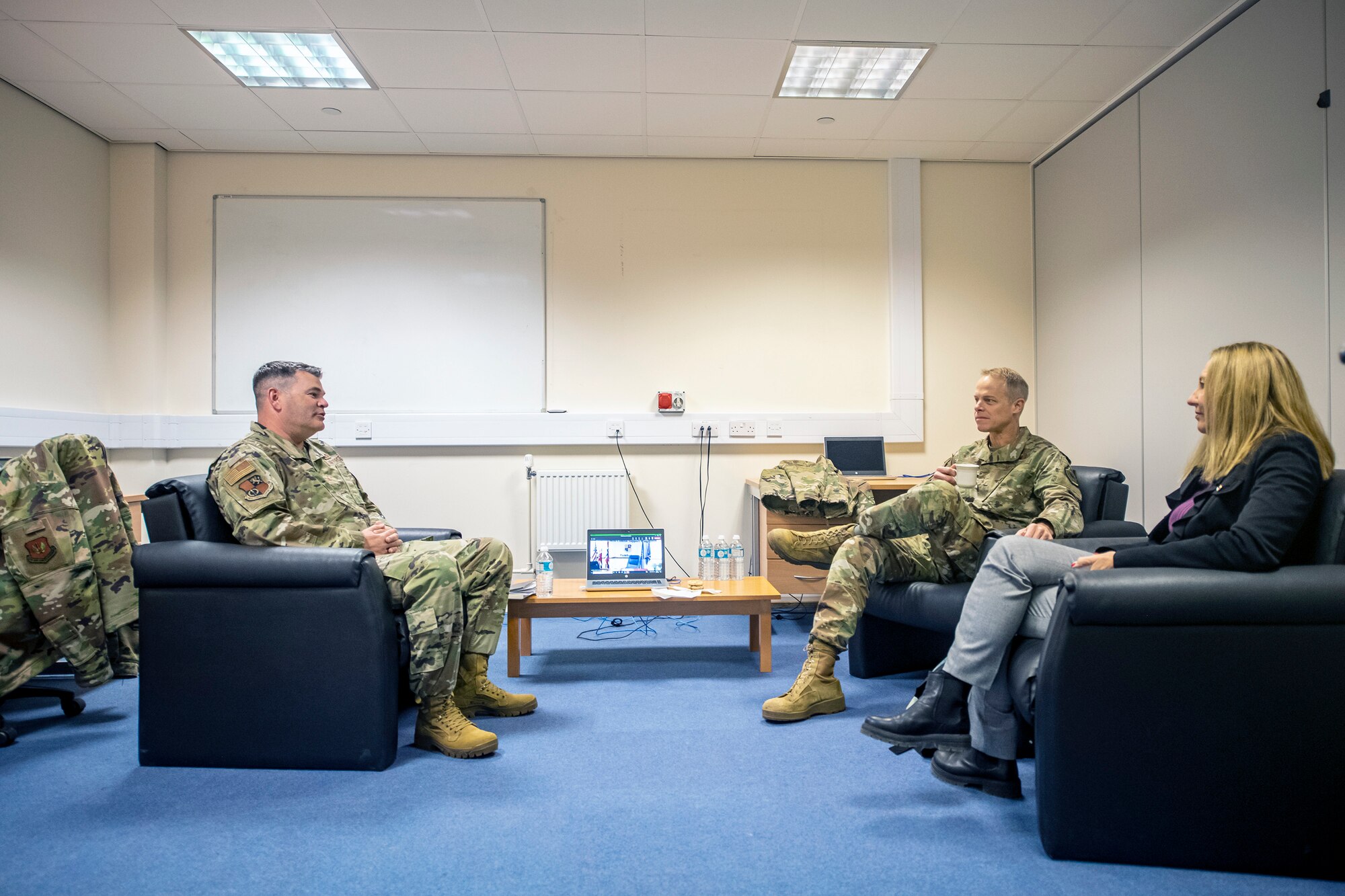 U.S. Air Force Col. Brian Filler, left, 501st Combat Support Wing commander, meets with U.S. Air Force Maj. Gen. Derek France, center right, Third Air Force commander, and his spouse Mrs. Amanda France, at RAF Fairford