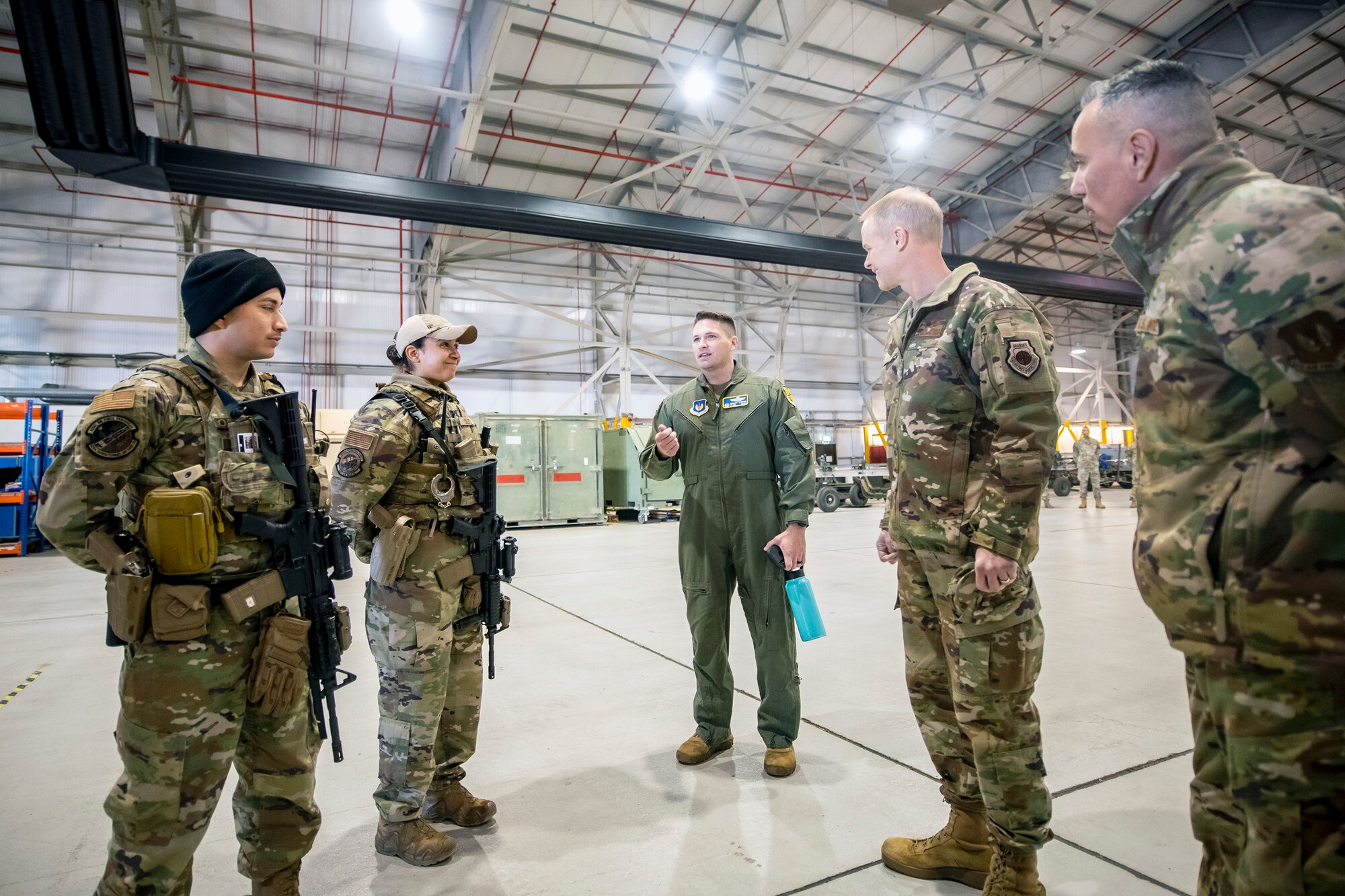 U.S. Air Force Lt. Col. Jeremy Stover, center, 420th Air Base Squadron commander, speaks with leadership from Third Air Force at RAF Fairford