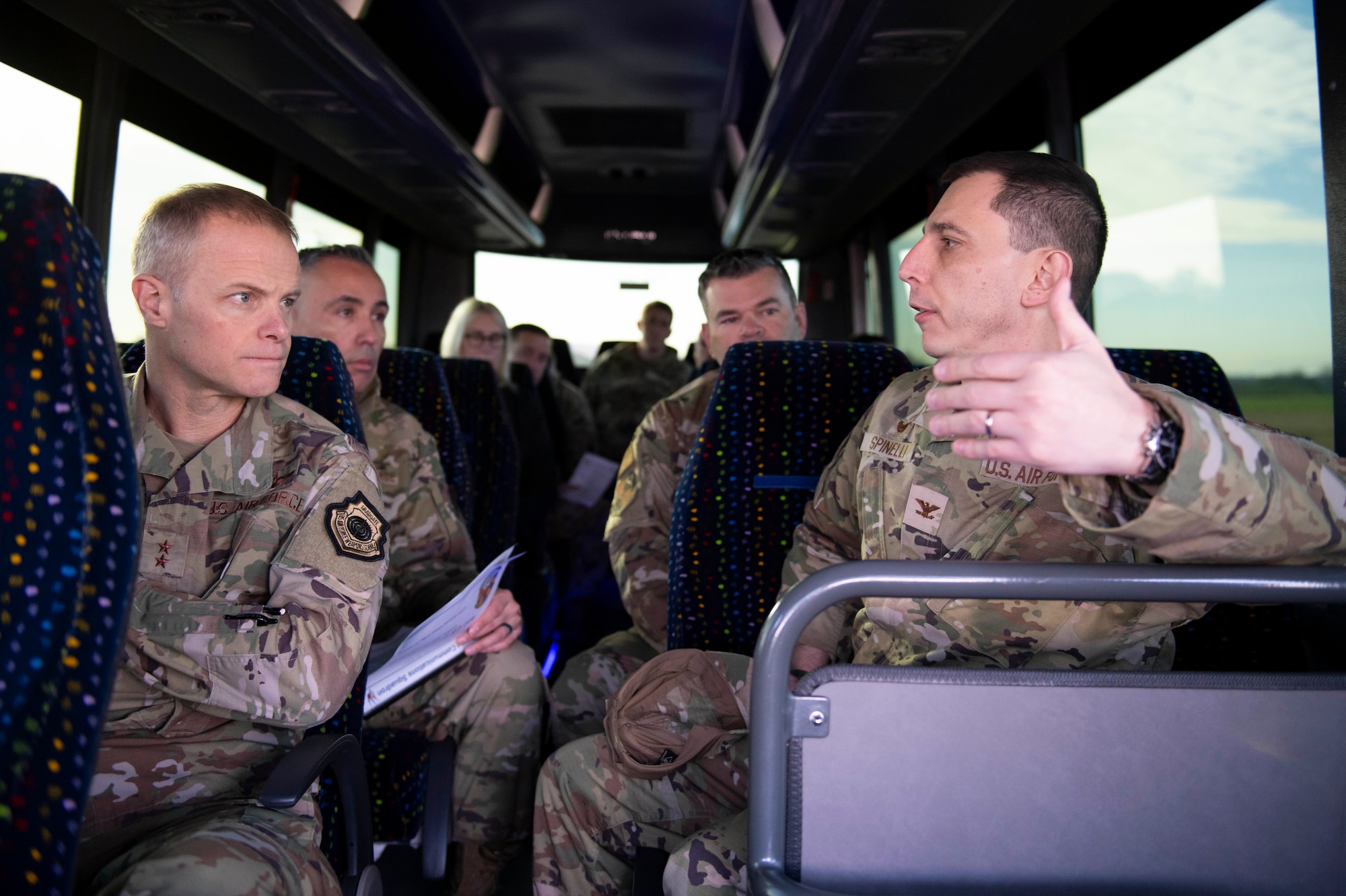U.S. Air Force Col. Edward Spinelli, right, 422nd Air Base Group commander, briefs U.S. Air Force Maj. Gen. Derek France, left, Third Air Force commander, during a tour at RAF Croughton