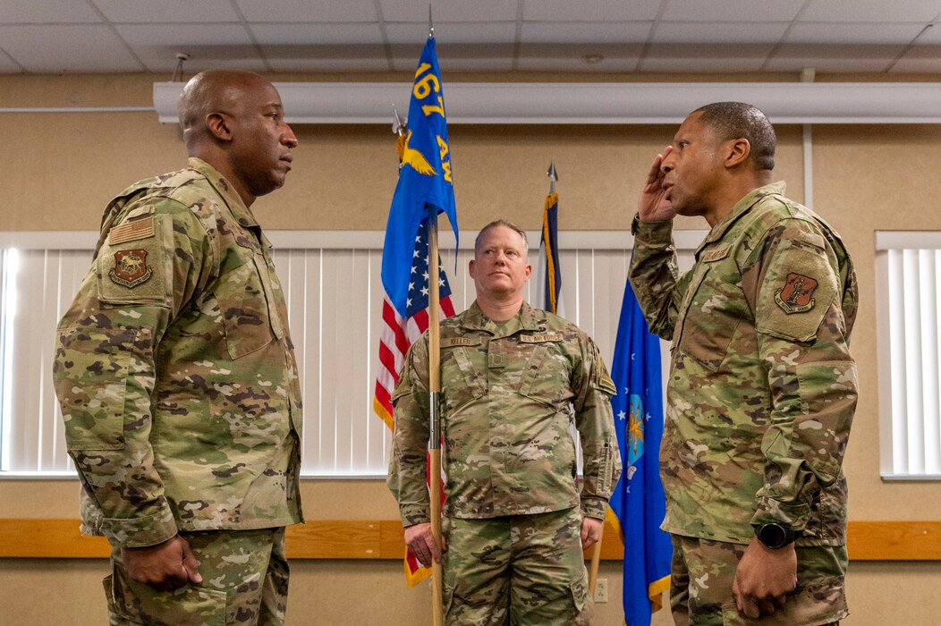 U.S. Air Force Maj. Wayne Harrison salutes Lt. Col. Corey Gause, 167th Mission Support Group commander as Harrison assumes command of the 167th Force Support Squadron during a change of command ceremony at the 167th base dining facility, Martinsburg, West Virginia, Dec. 3, 2022. Harrison was formerly the Director of Inspections at the 167th Airlift Wing Office of the Inspector General and is replacing Lt. Col. Benjamin Mathias, 167th FSS commander since 2020.