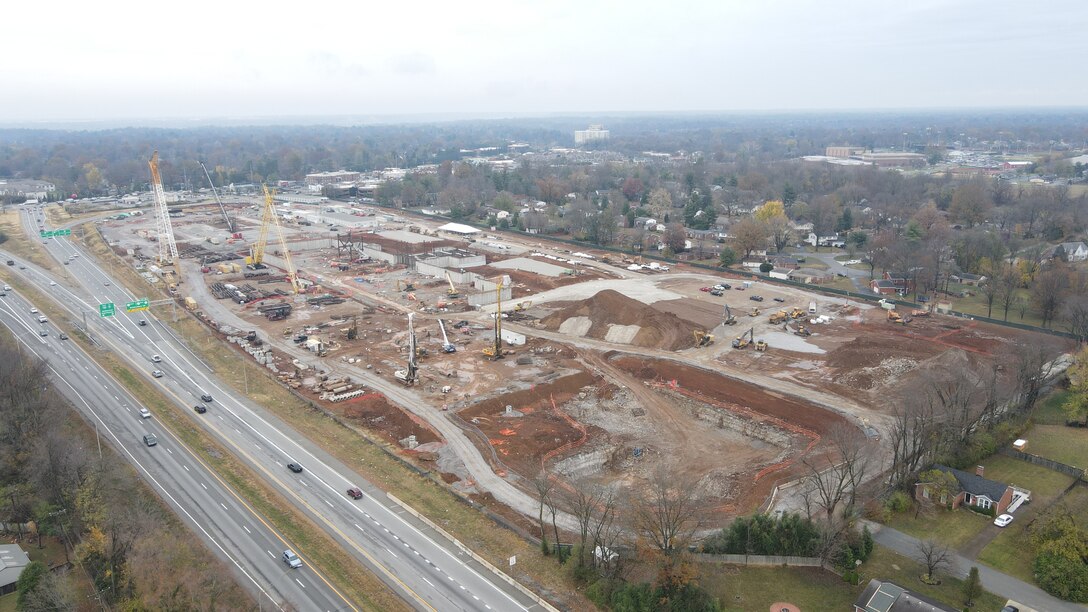 Drone photo of the construction site from above the Southwest side of the property
