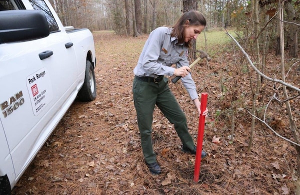 Lady Hammering Stick by standing by a truck