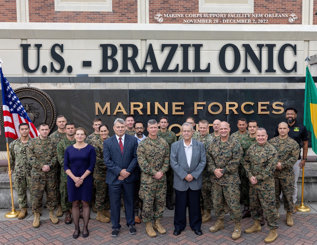 U.S. Marines and Members of the Corpo de Fuzileiros Navais (Brazilian Marine Corps), take part in the annual Operational Naval Infantry Committee at the Marine Corps Support Facility in New Orleans Nov. 29, 2022. The ONIC is a key forum for leaders and planners from the two Marine Corps’ to discuss and reaffirm mutual security objectives and plan future security cooperation engagements.