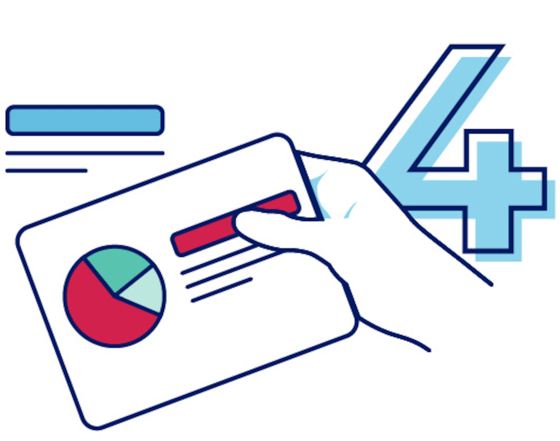 Illustration of a hand holding a card with a pie chart with blocks and lines of text and a number four in the background.