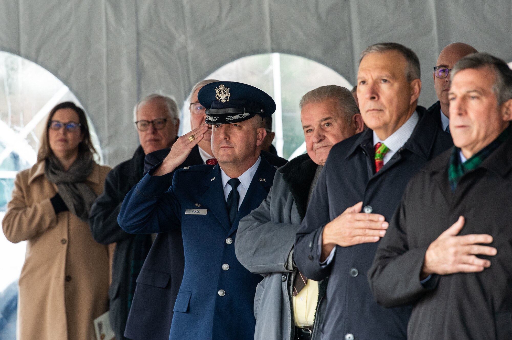 Col. Bary Flack, 436th Mission Generation Group commander, salutes during the playing of the national anthem at the Wreaths Across America ceremony held at Legislative Hall, Dover, Delaware, Dec. 12, 2022. Flack, who represented Dover Air Force Base, was one of many guest speakers at the ceremony. (U.S. Air Force photo by Roland Balik)