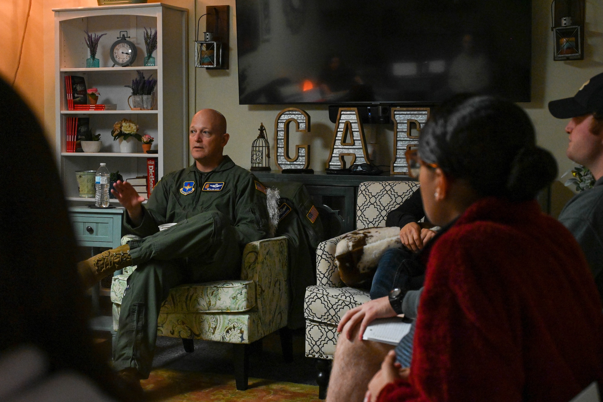 Col. Blaine Baker, 97th Air Mobility Wing commander, shares stories and lessons with Airmen during a coping skills class at Altus Air Force Base, Oklahoma, Dec. 12, 2022. A part of the class is titled “Lowering your Shield” which includes higher ranking members from across the base giving insight to junior Airmen. (U.S. Air Force photo by Senior Airman Trenton Jancze)