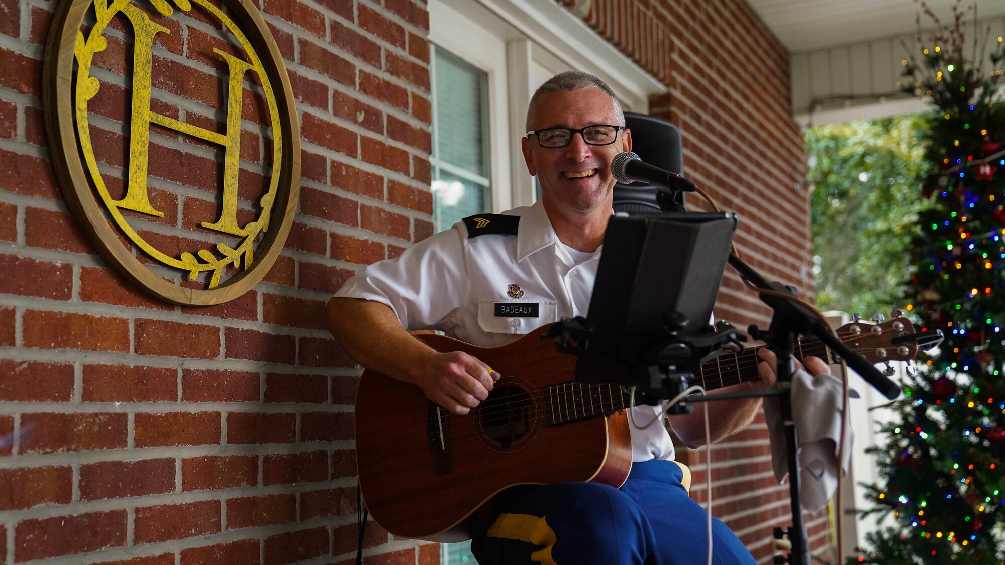 A U.S. Army National Guard band member poses at the 81st Training Wing Holiday Open House at Keesler Air Force Base, Mississippi, Dec. 11, 2022.