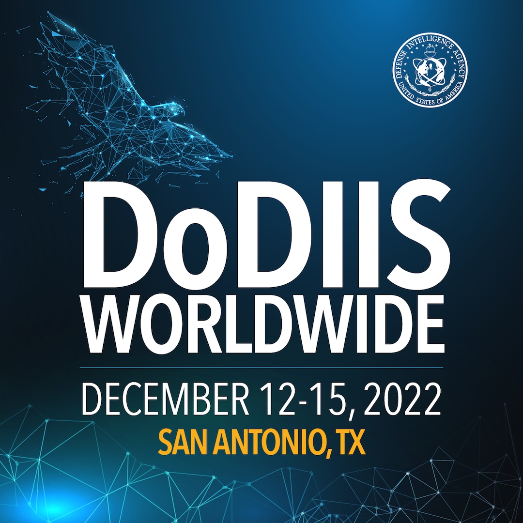 Image banner for D.O.D.I.I.S Worldwide. Center text reads. December 12 to 15. 2022. San Antonio. Texas. Over a blue background with digital-themed white lines.