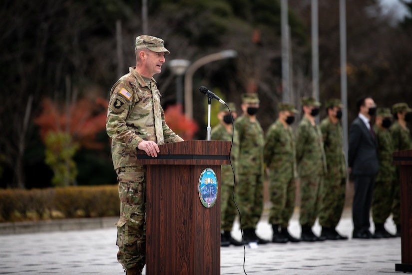 U.S. Army Maj. Gen. JB Vowell, U.S. Army Japan commanding general, gives remarks during the opening ceremony for Exercise Yama Sakura 83 at Camp Asaka, Japan, Dec. 5, 2022. Since its inception in 1982, Yama Sakura has focused on the development and refinement of joint force lethality between the U.S. Army and Japan Ground Self-Defense Force. (U.S. Air Force photo by U.S. Air Force Staff Sgt. JaNae Jensen)