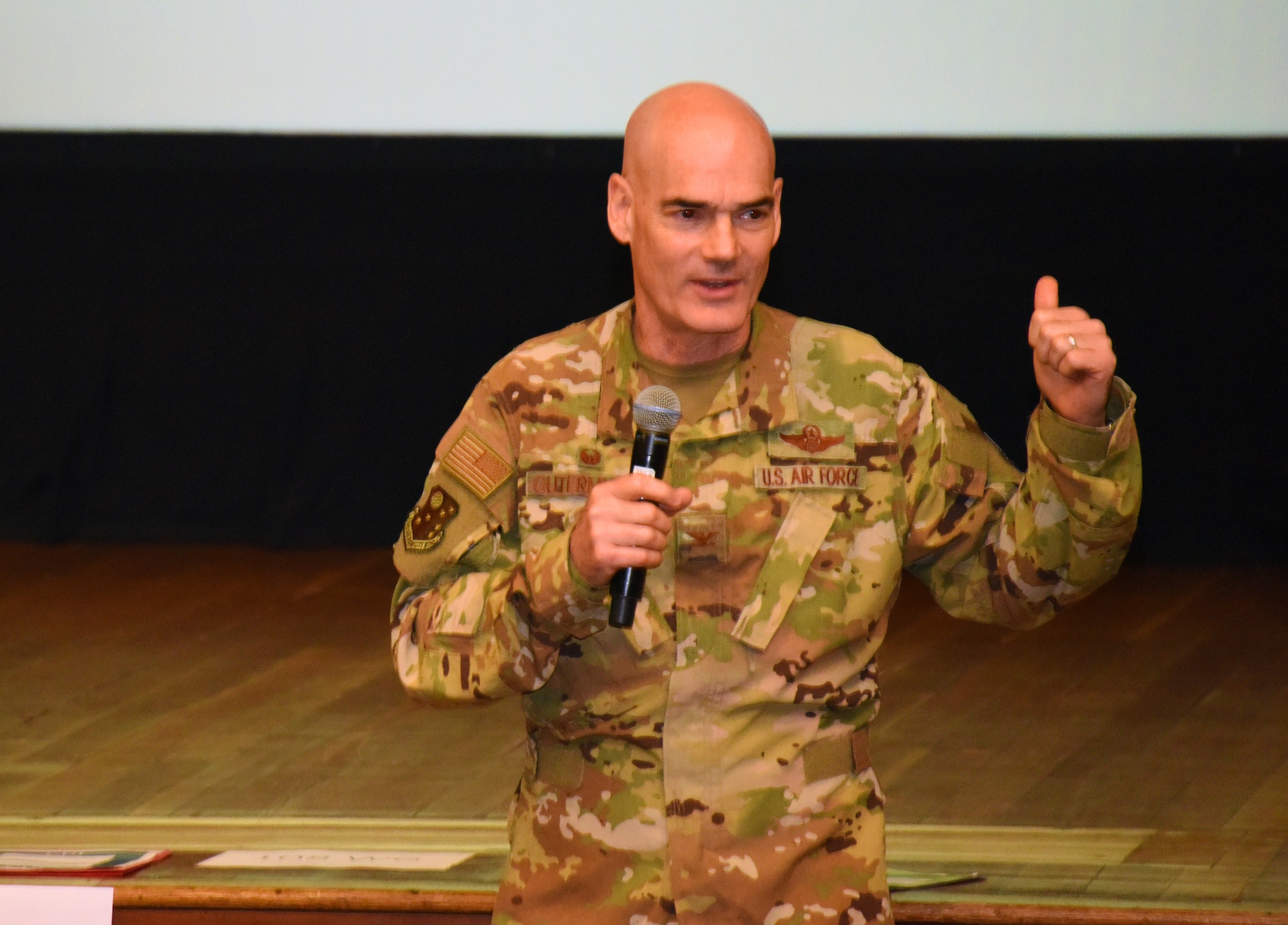 U.S. Air Force Col. William Gutermuth, 514th AMW commander speaks to the audience.