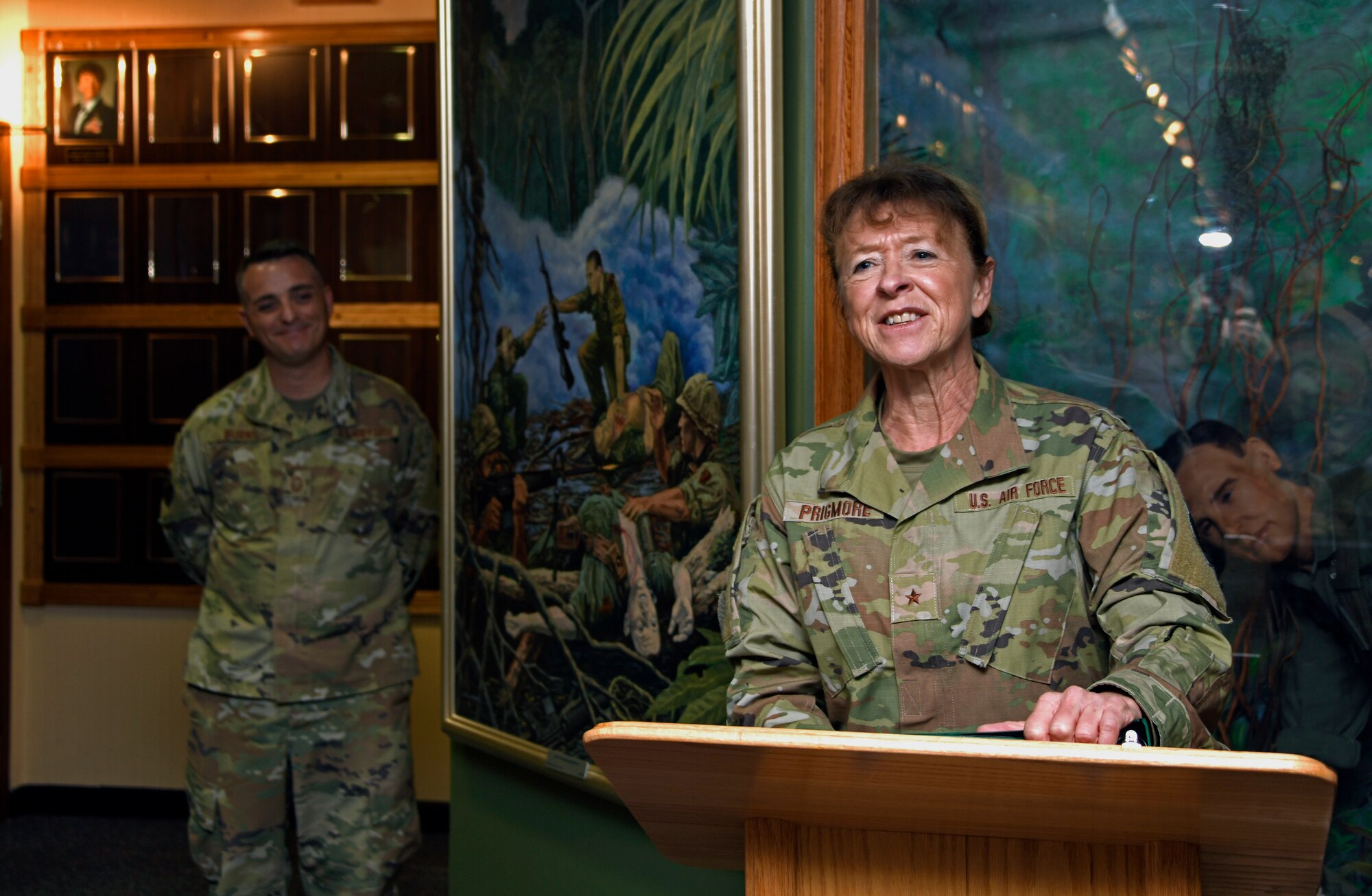 Brig. Gen. Donna M. Prigmore, Oregon Air National Guard commander, speaks during her induction to the Wall of Achievers at the Enlisted Heritage Hall, Maxwell Air Force Base Gunter Annex, Ala., Dec. 9, 2022.