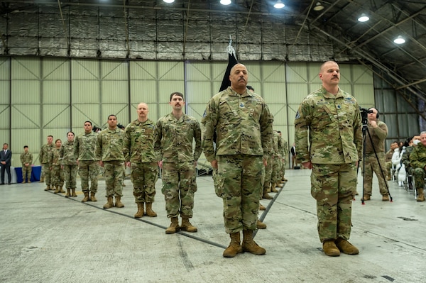 Members of the newly activated U.S. Space Forces Korea stand in formation during the unit’s activation ceremony at Osan Air Base, Republic of Korea, Dec. 14, 2022. The newly activated USSFK will be tasked with coordinating space operations and services such as missile warning, position navigation and timing, and satellite communications within the region.