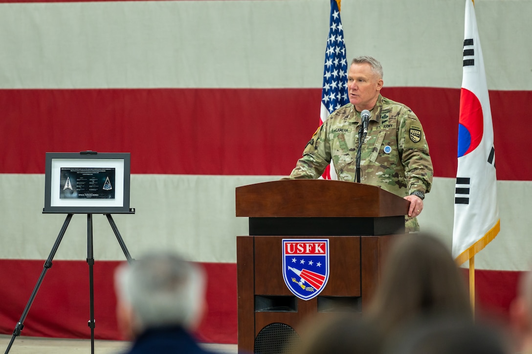 Gen. Paul LaCamera, United Nations Command / Combined Forces Command / United States Forces Korea commander, speaks during the U.S. Space Forces Korea activation ceremony at Osan Air Base, Republic of Korea, Dec. 14, 2022. The newly activated USSFK will be tasked with coordinating space operations and services such as missile warning, position navigation and timing, and satellite communications within the region.